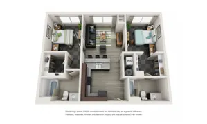 Chic 3D floor plan showcasing 2 bedrooms, open living area, and modern kitchen with in-unit laundry space.