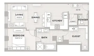 Modern floor plan for apartment A17 featuring 1 bedroom, 1.5 baths, and a stylish open-concept living and dining area. Spacious kitchen with ample storage, ideal for culinary enthusiasts.