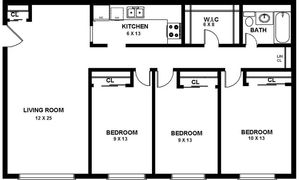 Spacious floor plan showcasing a 3-bedroom layout with a large living room, a modern kitchen, walk-in closet, and stylish bathroom.