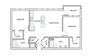 1082-1088 square foot two bedroom two bath apartment floor plan in Houston, TX