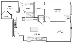 972 square foot one bedroom two bath with den apartment floorplan image