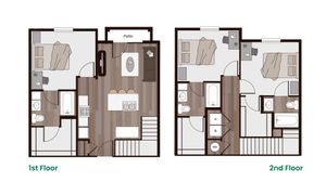 Chic townhouse floor plan with two levels, featuring three cozy bedrooms, spacious open-concept living room, modern kitchen with island, private patio, and convenient laundry area.