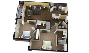 Modern 3D floor plan showcasing a cozy two-bedroom apartment with an open-concept living room, stylish kitchen, and inviting balcony.