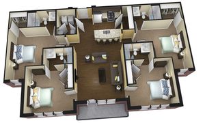 Modern 3D floor plan showcasing 3 cozy bedrooms, an elegant open-concept living room, fully equipped kitchen with breakfast bar, and two sleek bathrooms.