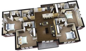 Modern 3-bedroom apartment floor plan showcasing an open-concept living room, stylish kitchen with island seating, and two elegant bathrooms.