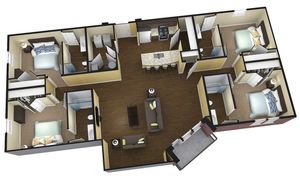 Modern 3D floor plan showcasing three bedrooms, two bathrooms, open kitchen with island seating, and a cozy living area.