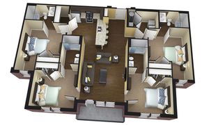 Modern 3D floor plan showcasing 3 bedrooms, an open living area, and a stylish kitchen with a central island.