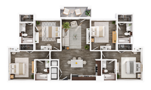 Modern 3D floor plan showcasing a luxurious three-bedroom apartment with a central living area, elegant dining space, and two sleek bathrooms, complemented by stylish furnishings and a private balcony.