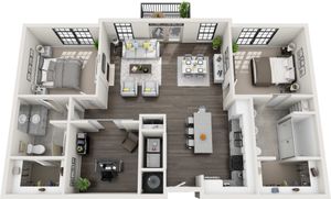 Elegant 3D floor plan showcasing two spacious bedrooms, modern open-concept living and dining area, gourmet kitchen, and a stylish study room.