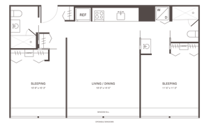 Modern floor plan featuring two spacious sleeping areas, a large living and dining room, stylish kitchen, and convenient bathroom. Ideal for comfortable living.
