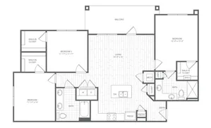 Modern 3-bedroom floor plan showcasing spacious living area, two baths, walk-in closets, and a private balcony.