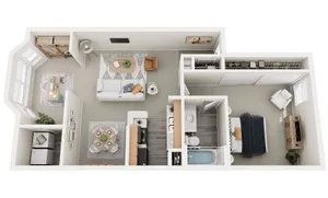 3D floor plan featuring a bright living room, cozy bedroom, stylish kitchen, and a functional home office space.