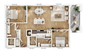 Spacious 3D floor plan with 2 bedrooms, open living-dining area, modern kitchen, and balcony.