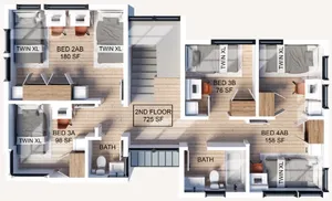 Second level foor plan showcasing 4 bedrooms, elegant wooden flooring, and two bathrooms in a spacious 725 sq ft layout.