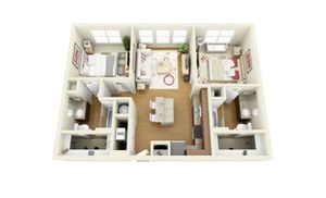 Elegant 3D apartment layout showcasing two cozy bedrooms, a modern open-plan living area, and a well-equipped kitchen with stylish finishes.