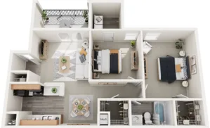 Apartment floor plan showcasing 2 bedrooms, a bright living area with balcony access, and an elegant open kitchen.