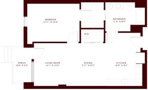 One-bedroom apartment floor plan featuring spacious living areas, modern kitchen, and private porch.