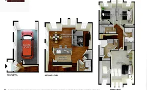 Elegant 3D floor plan showcasing a three-story design with a garage, spacious living/dining area, modern kitchen, and three bedrooms. The first level features a convenient garage, the second level offers an open-concept living/dining room and stylish kitchen with bar seating, while the third level includes three comfortable bedrooms with ample lighting.