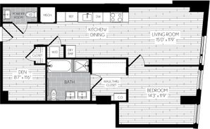890 square foot one bedroom one and a half bath with den apartment floorplan image