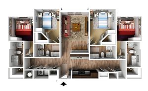 Elegant 3D floor plan showcasing 4 bedrooms, 2 bathrooms, a modern kitchen, and a spacious living area with stylish decor.