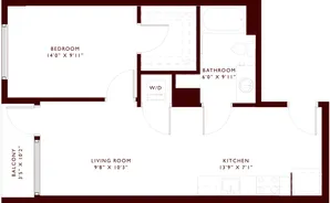 Floor plan of a one-bedroom apartment featuring a living room, kitchen, bathroom, bedroom, and balcony.