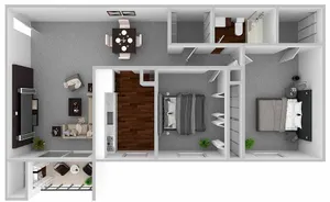 Modern 2D apartment floor plan featuring two bedrooms, a cozy living area, an elegant dining space, and a sleek kitchen layout.