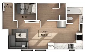Charming floor plan for Unit 4 showcasing a 433 SF studio with a Twin XL bed, cozy living space, modern kitchen, and bathroom. Ideal for efficient urban living.