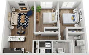 Detailed 3D floor plan featuring 2 bedrooms, modern living area with a fireplace, and dine-in kitchen.