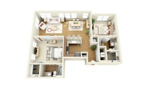Charming 3D floor plan showcasing a spacious two-bedroom apartment with an open living room, contemporary kitchen, and dual bathrooms. Perfect for modern living.