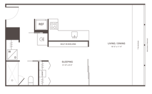 Elegant studio apartment floor plan featuring open living and dining area, modern kitchen with built-in shelving, and cozy sleeping space.