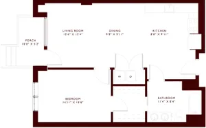 Modern apartment floor plan featuring a large living room, dining area, kitchen, bedroom, bathroom, and porch.