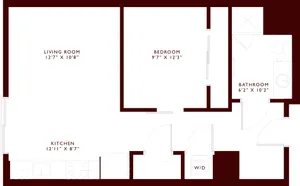 Floor plan of an apartment with living room, bedroom, kitchen, bathroom, and washer/dryer area.
