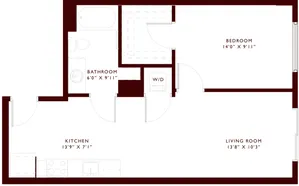 Contemporary floor plan showcasing a cozy 1-bedroom layout with open kitchen, spacious living room, and well-appointed bathroom.