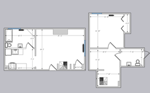 Modern 2D floor plan showcasing a spacious 1-bedroom layout with an open living area, kitchen, and two well-designed bathrooms, perfect for comfortable living.