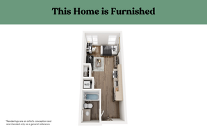 Modern furnished apartment layout featuring an open-plan kitchen, cozy living area, and sleek bathroom with in-unit washer/dryer.