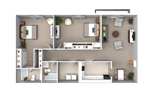 Chic 3D floor plan showcasing two spacious bedrooms, open living area, modern kitchen, and two bathrooms, designed for comfort and style.