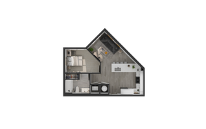 Modern one-bedroom apartment floor plan with an open-concept kitchen and living area, featuring sleek design and efficient layout.