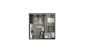 Modern 1-bedroom apartment floor plan featuring an open-concept living and kitchen area, cozy bedroom, and sleek bathroom.