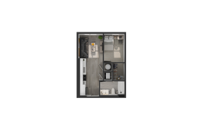 Chic 1-bedroom apartment floor plan with a cozy living area, modern kitchen, and stylish bathroom.