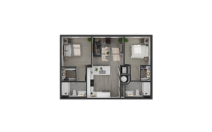 Elegant 2D floor plan showcasing two bedrooms, modern open-concept living and kitchen area, and two stylish bathrooms.