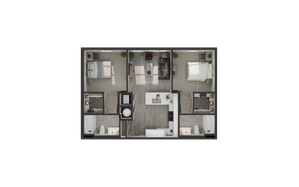 Modern 2D floor plan showcasing 2 bedrooms, a sleek kitchen, and an inviting living room, designed for contemporary living.