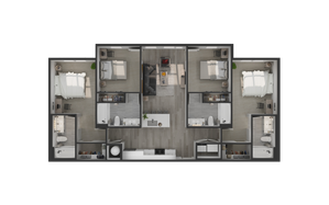 Modern floor plan showcasing a stylish 3-bedroom layout with two chic bathrooms, a cozy living area, and a sleek kitchen island. Ideal for spacious living.