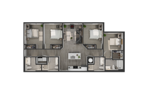 Contemporary 3-bedroom floor plan with an open living area, stylish kitchen, and two modern bathrooms, designed for spacious comfort.