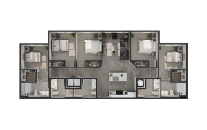 Modern floor plan featuring 5 spacious bedrooms, open living area, sleek kitchen, and contemporary bathrooms, ideal for family living.
