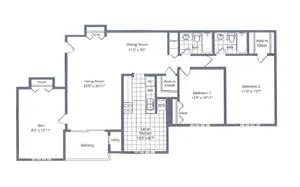Modern apartment floor plan featuring 2 bedrooms, spacious living room, eat-in kitchen, and den with balcony access.