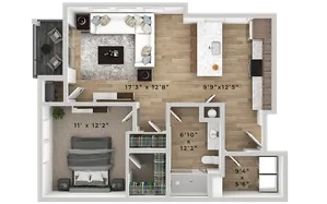 Modern 3D floor plan showcasing one-bedroom apartment with spacious living room, elegant kitchen island, cozy balcony, and contemporary bath layout.