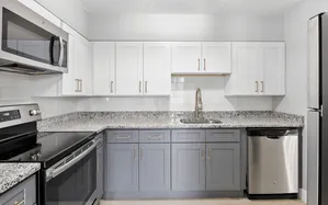 Modern kitchen with stylish granite countertops, stainless steel appliances, and elegant two-tone cabinetry.