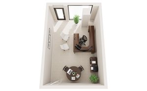 Modern home office floor plan featuring a sleek L-shaped desk, comfortable seating area, and natural light from large windows.