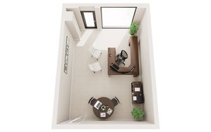Modern office floor plan featuring sleek furniture arrangement, large window for natural light, and a professional workspace layout.