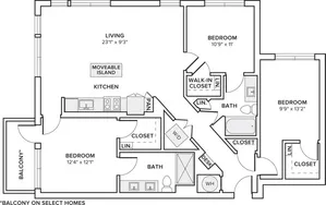 1,315 square foot three bedroom two bath apartment floorplan image